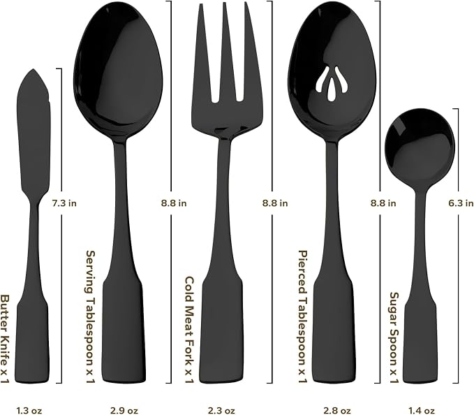 Alata Kate Black Mirror 45-Piece Silverware With Utensil-Serving Set, Service for 8, Stainless Steel Flatware, Mirror Polished Cutlery, Dishwasher Safe