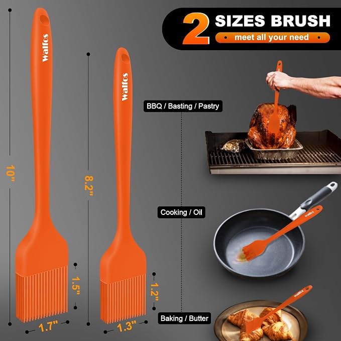 Walfos 600℉ Heat Resistasnt Pastry Brushes, BPA Free Silicone Basting Brush for Cooking, Spread Oil Butter Sauce for Baking Kitchen BBQ Grill, Dishwasher Safe, 2 Size (Large and Samll)