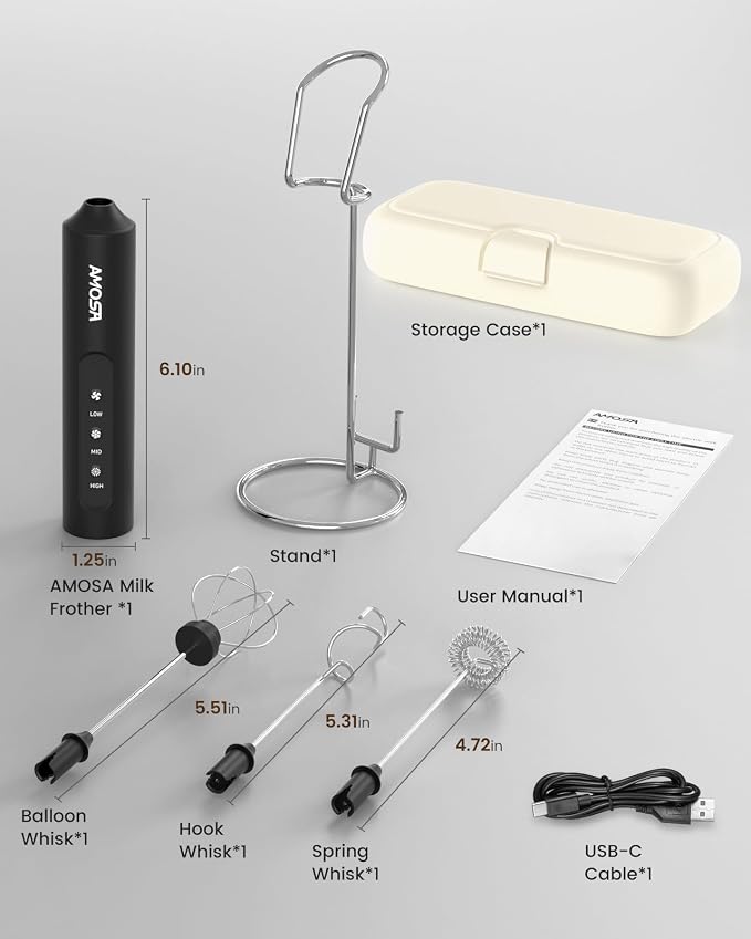 AMOSA Milk Frother Handheld with Stand & Case, 3-Speed & 3 Whisks | Rechargeable Handheld Milk Frother Wand for Latte, Milk, Cream, Egg, Coffee, Cappuccino