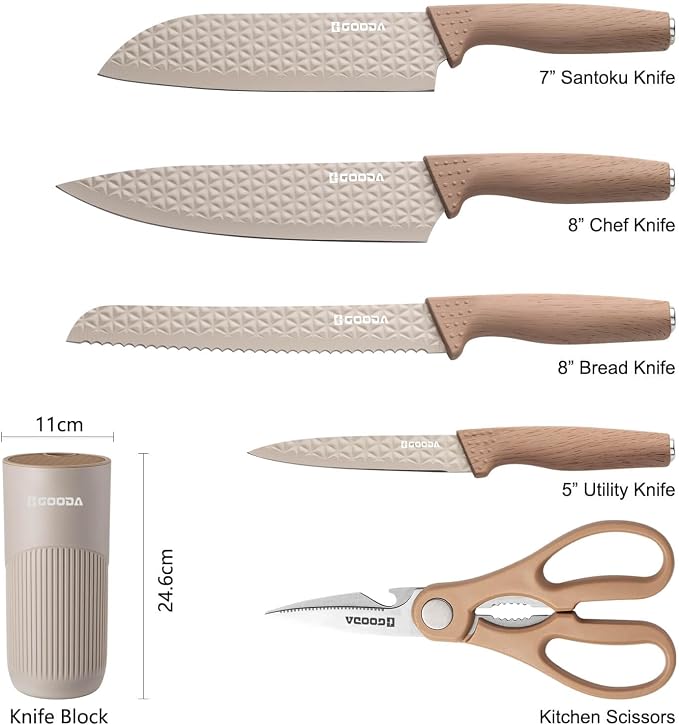 Kitchen Knife Set With Block,6-Piece Professional Chef Cooking Knives Set For Kitchen,Non-Stick Stainless Steel Knife Block Set