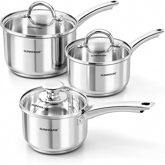 SUNHOUSE 3-Piece Stainless Steel Saucepan Set with Glass Lids | 1.5QT & 2QT & 3QT Small Sauce Pot Set for Cooking - Stainless Steel Milk Pan & Sauce Pan Set - Induction Compatible