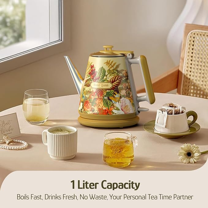 Hazel Quinn X Eduardo Recif Electric Kettle 1L/34oz Small Tea Kettle Floral | 800W Fast Boil, 304 Stainless Steel Interior, Double-Wall Cool Touch, Gooseneck Spout, Auto Shut-Off, BPA-Free Cordless, Home