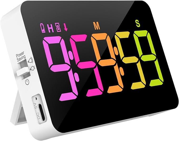 PERSUPER Kitchen Digital Timer, Count Down Up, Rechargeable, Vibration Mode | Adjustable Volume and Brightness LED Display, Time Management Cook, Desk, Kids Adults Study Teaching, Kitchen Gadgets RGB ﻿