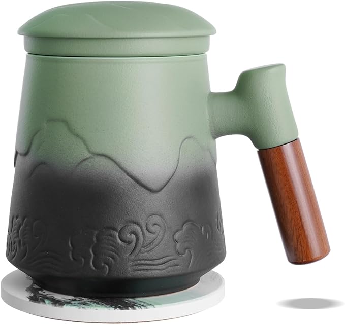 ZENS Tea Infuser Mug with Lid & Coaster, 15oz Loose Tea Diffusers, Moss | Embossed Ceramic Tea Cup with Infuser for Loose Leaf Tea Steeper, Tea Lovers Gifts, Nature Wood Handle