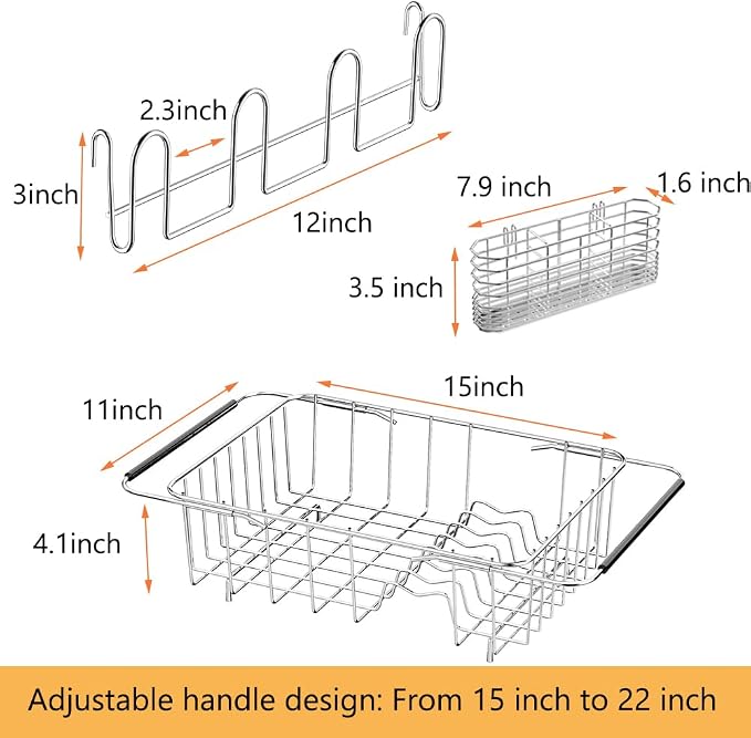 NiuYichee Stainless Steel Dish Drying Rack (15" L X 11" W X 4.1" H), Expandable Drain Rack Over Sink, Dish Drainer Rack in Sink, with Utensil Holder & 4 Hooks Cup Hanger