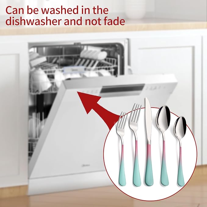 Colorful Silverware Set 20 Piece 18/0 Stainless Steel Flatware Pink and Green Handle Cutlery Set Service for 4 Fork Knife Spoon Set Mirror Finish Dishwasher Safe