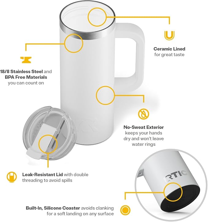 RTIC 20oz Road Trip Travel Mug with Lid and Handle, Ceramic Lined, Insulated, Stainless Steel, Metal, Double Wall Vacuum-Insulation, Portable Coffee, Tea Cup for Hot and Cold Drink, Cool Grey
