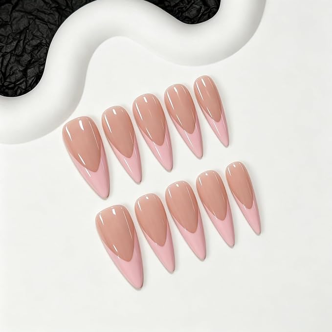 10pcs Handmade Long Stiletto Press on Nails Pink French Tips Nude Fake Nails with Decor Solid Color Press on Nails Glossy Thick Hand Made Acrylic Nail for Women (S)