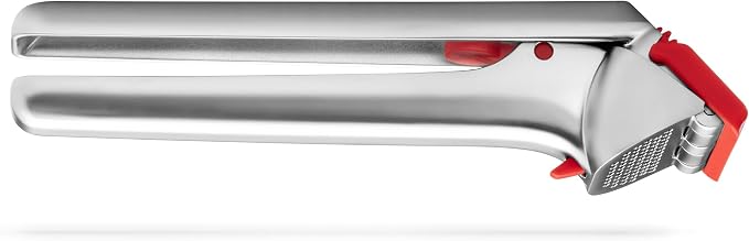 Dreamfarm Garject Garlic Press with Peel Ejector & Scraper - Red | No-peel mincer with skin eject button, crushes up to 3 cloves, dishwasher safe, durable chrome-plated zinc