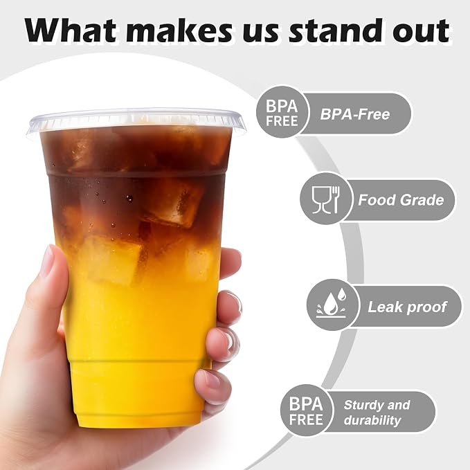 Lamosi 100 Pack 20 oz Clear Plastic Cups with Lids and Straws | Disposable Plastic Cold Cups for Iced Coffee, Smoothies, Parties, Picnics, Office Drinks, Light To-Go Use and Easy Cleanup