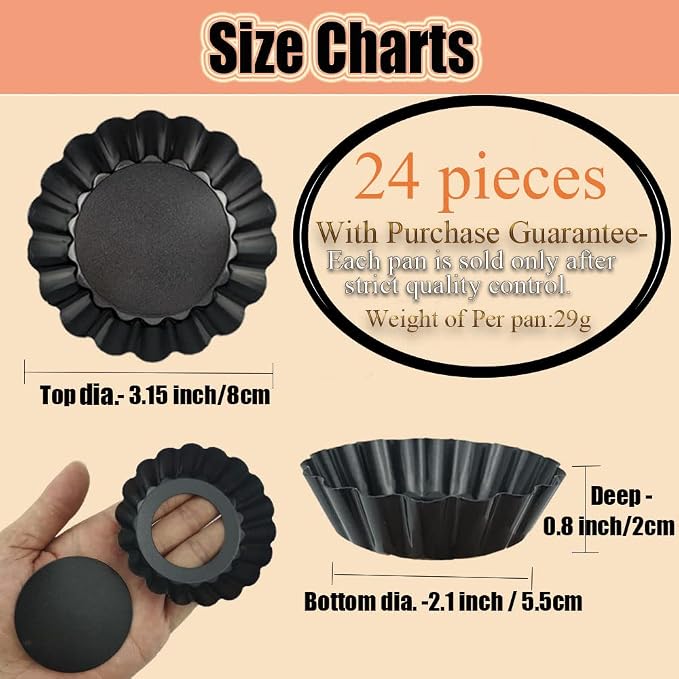 DATANYA 24Packs Mini Tart Pans 3 Inch with Removable Botttom, Carbon Steel Fluted Tart Tin Shell Mold Round Nonstick 3'' Quiche Pans for Pies, Mousse Cakes, Dessert Baking