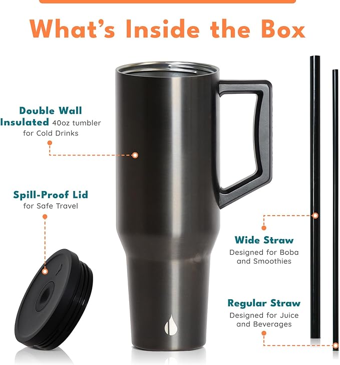 Elemental Spill Proof 40oz Insulated Tumbler with Handle & Straw Travel Mug | Stainless Steel Commuter Travel Coffee Mug for Cold Beverages, Includes 2 Straws & a Spill Proof Lid for Everyday Use