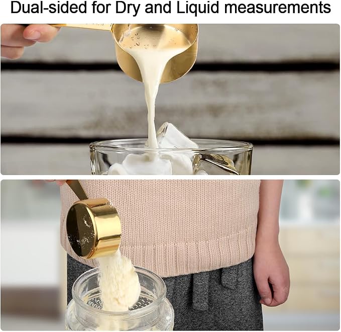 Gold Measuring Cups & Spoons Set for Cooking, 9pcs | 5 Stainless Steel Measuring Cups, 4 Measuring Spoons, Premium Finish Baking Gadgets for Dry & Liquid Ingredients