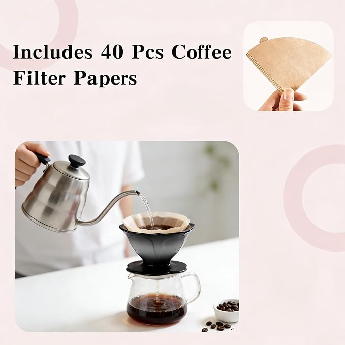 Premium Ceramic Pour Over Coffee Dripper，Includes 40pcs Coffee Filter Papers, suitable for home and travel, Flower Petal Dripper（Gradient Black） (Gradient Black)