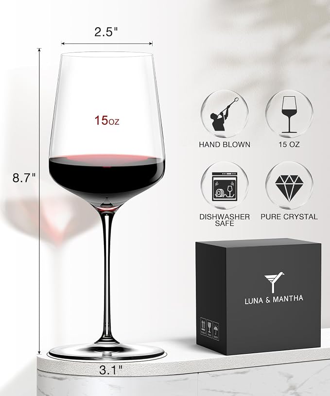 Red Wine Glasses Set of 4, 15oz Crystal Hand Blown, Long Stem, Gift | Clear, Wtite Wine Glass, Ideal Gift for Set, Toasting at Weddings or Birthdays, Daily Use