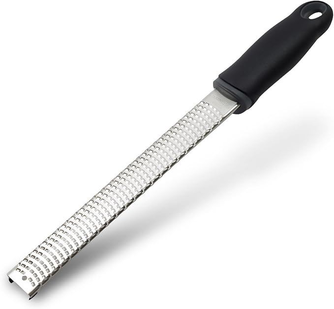 8-Inch Lemon Zester & Cheese Grater, 18/8 Stainless Steel, Black | Fine 18/8 Stainless Steel Blade for Citrus, Parmesan, Ginger and Garlic, Soft Non-slip Handle, Cover, Dishwasher Safe