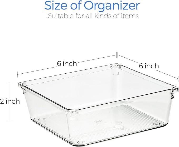 Ravinte 6 Pack Drawer Organizer, 6" x 6" Plastic Storage Bins | Acrylic Tray Design, Non-Slip Pads, For Makeup, Jewelry, Kitchen Utensils, Bathroom, Office Storage