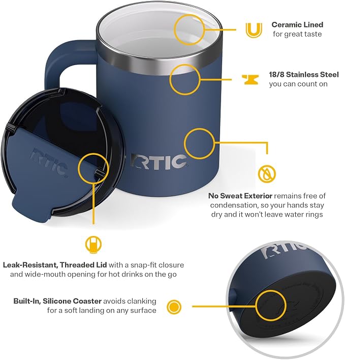 RTIC 12oz Essential Mug with Lid and Handle, Ceramic Lined, Navy | Stainless Steel Metal, Insulated Travel Cup for Hot and Cold Drinks, Coffee, Car, Camping and Travel