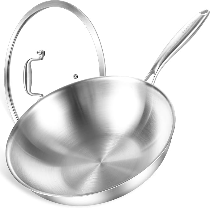 DELARLO Woks & Stir-Fry Pans, 13 in Stainless Steel Pan with Lid, Large Cooking Surface, Tri-Ply Stainless Steel Wok Pan,High Side 3 Layer Stainless Steel Saute Pan, Wok for induction cooktop, 600℉