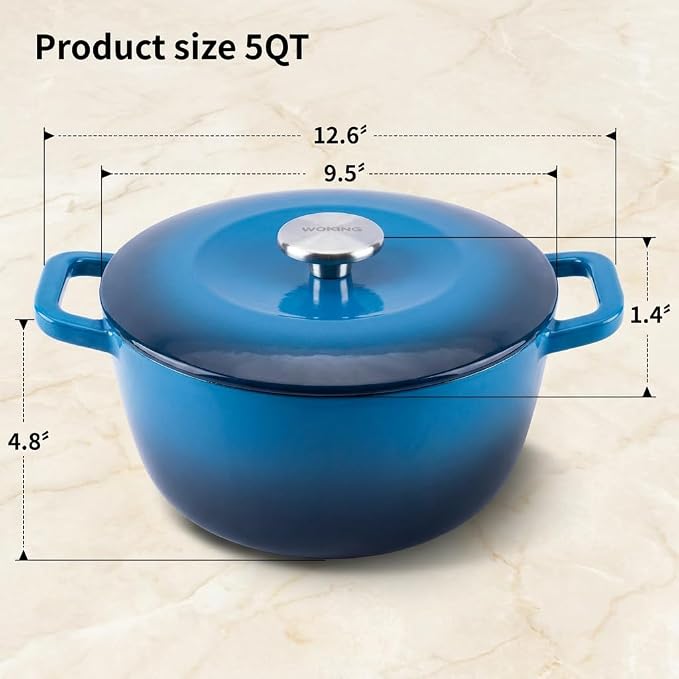 5QT Enameled Cast Iron Dutch Oven,Concave Self-Basting Lid,Blue | Versatile,heavy-duty Large Dutch oven,PFAS-free,oven safe to 500°F,sourdough,braising/stews/roasting,Housewarming Gift