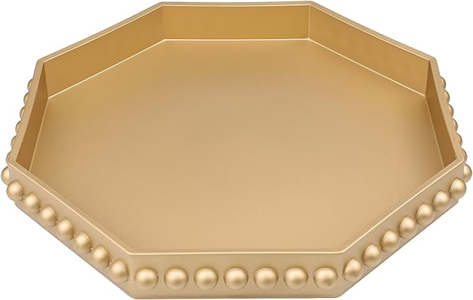 Gold Serving Tray for Coffee Table, Octagonal Beaded Plastic Decorative Tray for Ottoman, Kitchen Counter, Living Room, Outdoor Lacquer Tray for Entertaining