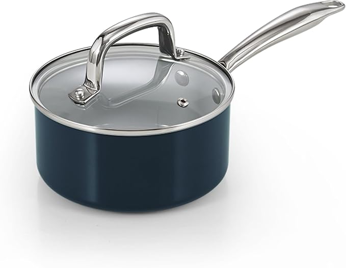 Cook N Home Classic 1.5 Quart Ceramic Nonstick Saucepan with Glass Lid, Everyday Milk Soup Oatmeal Cooking Pan, Non Stick Small Sauce Pan Pot, Stay-Cool Handle, Induction Ready, Blue