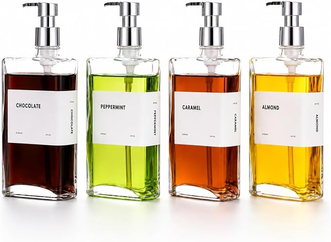 Glass Coffee Syrup Dispensers with Pumps, Syrup Bottles with Label Set - Essential Coffee Bar Accessories, 11.8 oz/350ml, Set of 4