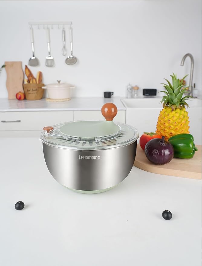 Stainless Steel Salad Spinner, BPA Free, Quick Dry & Stop, 5.3 Qt | Non-Slip Lettuce Veggie Spinner, Drain, Stop Button, Vegetable Fruit Washer, Dishwasher Safe, Also as Serving & Salad Bowl
