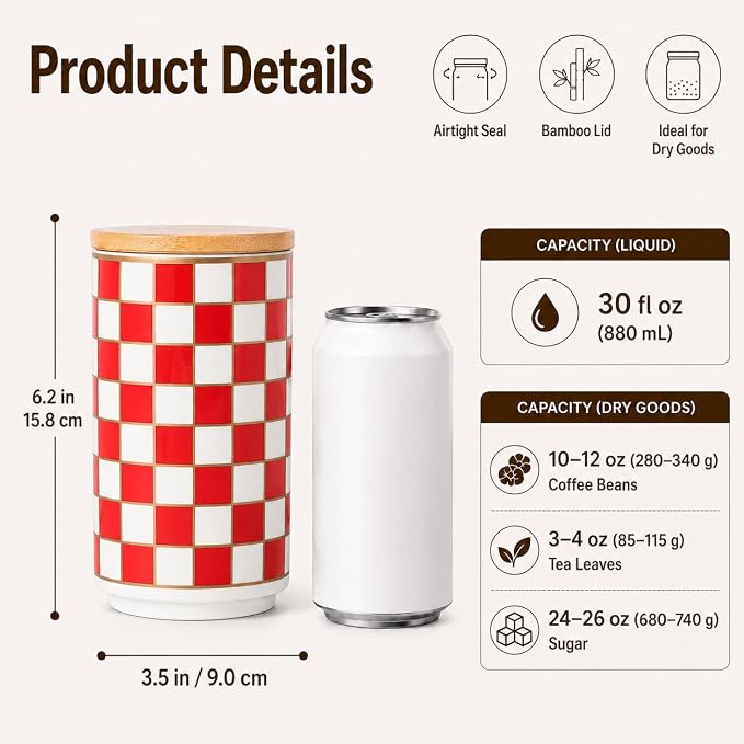 Kitchen Countertop Ceramic Checkered Canisters,Black And White Food Storage Containers With Lid,Airtight Kitchen Canisters for Flour, Sugar, Coffee, Tea, and Dry Goods (Red, Large)