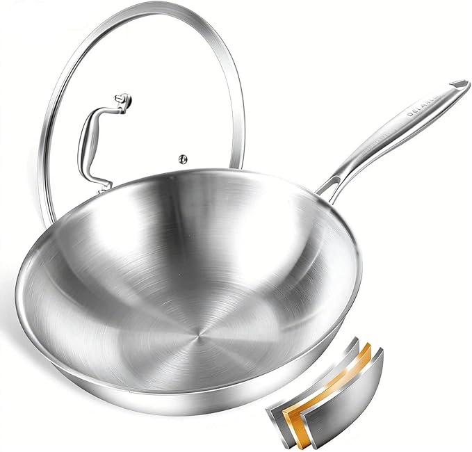 DELARLO Tri-Ply Stainless Steel Woks, 12 Inch Healthy Non-Toxic Cooking Wok Pan with Lid, Wide & Deep Cookware Stir-Fry Pans, Dishwasher and Oven Safe Up To 600°F, Works on Induction，Detachable Handle