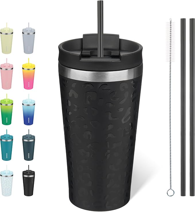 BJPKPK 18 oz Coffee Tumbler with Straw, Insulated Stainless Steel Cup | Double Wall Vacuum, Leak Proof, Keeps Hot/Cold, BPA Free, Cupholder Friendly, Travel, Black Leopard
