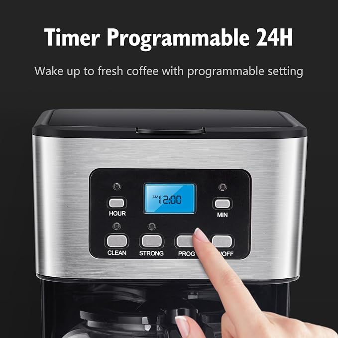 Taylor Swoden 12-Cup Programmable Coffee Maker, Black & Stainless Steel | Regular & Strong Brew Drip Coffee Machine for Home and Office, 24H Timer, Glass Carafe, Pause & Serve, Auto Shut Off