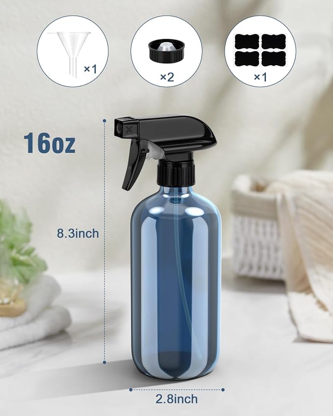 Bontip Glass Spray Bottle 16 oz for Cleaning, Plants (2 Pack, Indigo Blue) | Refillable indigo spray bottle Set, BPA-free eco glass, With labels and funnel, Great for cleaners, plant misting, hair care