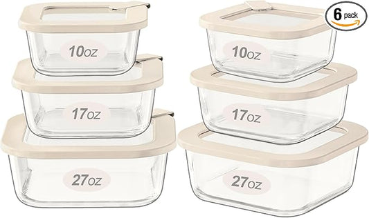 Glass Food Storage Containers with Glass Lids, Microwave Safe Food Container Set, Airtight Meal Prep Containers, LeakProof, 100% Plastic Free, 6 Pack