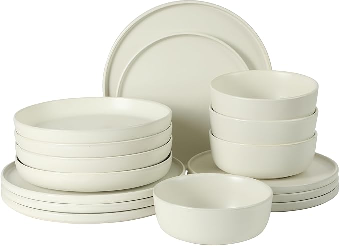 Gibson Elite Bayou Moon Plates and Bowls Sets, 16-Piece White Matte Stoneware Dinnerware Sets, Solid Color Reactive Glaze Dish Set
