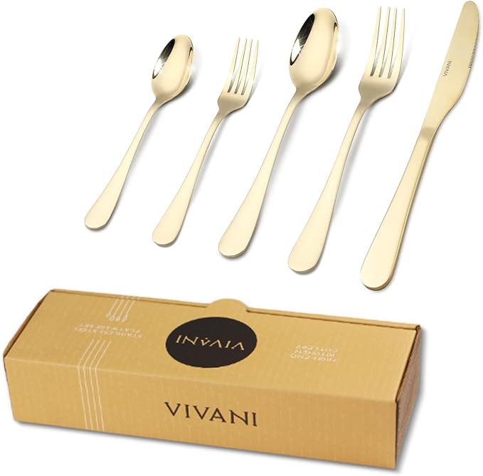 VIVANI 40 Piece Champagne Silverware Set for 8, Gold Flatware Set | 18/0 Stainless Steel Cutlery Set with Advanced PVD Titanium Coating for Home, Kitchen, Housewarming, Wedding, Dishwasher Safe