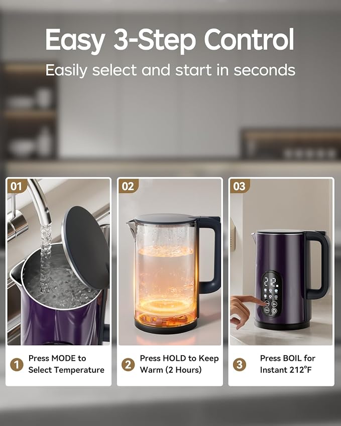 1.7L Stainless Steel Electric Kettle with Temperature Control – Purple | 5 Preset Temperatures for Tea & Boiling Water, 2H Keep Warm, 1200W BOIL Mode, 304 Stainless Steel Interior, Cordless Base