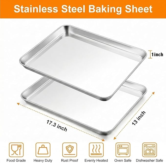 TeamFar Baking Sheet, 17.6"x 13"x 1" Stainless Steel Large Cookie Sheet Pan | Set of 2, Half Sheet Baking Pans Trays for Roasting/Cooking, Non-toxic & Healthy, Heavy Duty & Sturdy, Dishwasher Safe