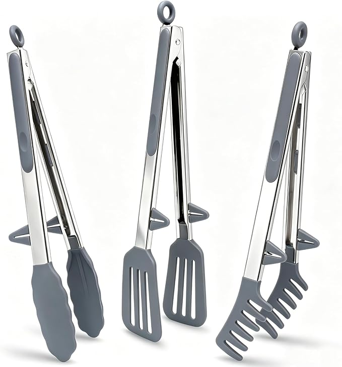 12" Kitchen Tongs for cooking with Silicone Tips, 3Pcs Serving Tongs, Grey | Small Silicone Tongs mit kickstand, Food Grade, 3 different type of tongs, Stainless Steel