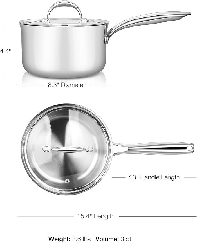KEAWELL K3 Premium Tri-Ply Fully Clad Saucepan with Lid (3-Qt) | Tri-Ply Fully Clad Stainless Steel Saucepan; Small Pot with Lid; Even Heating; Induction and Oven Safe; For All Stovetops