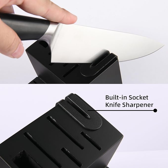 15-Piece ABS Handle Kitchen Knife Set with Block | Ergonomic Grip Chef Blades & Serrated Steak Cutlery. Includes Sharpener, Shears & Modern Countertop Black Storage