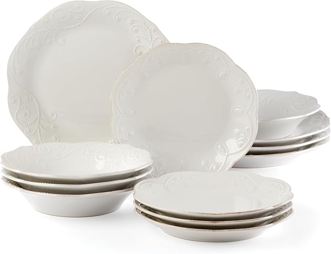 Lenox 890951 French Perle 12-Piece Plate & Bowl Dinnerware Set White | dishwasher safe, microwave safe | includes dinner plates, accent plates, pasta bowls | kitchen and dining essential