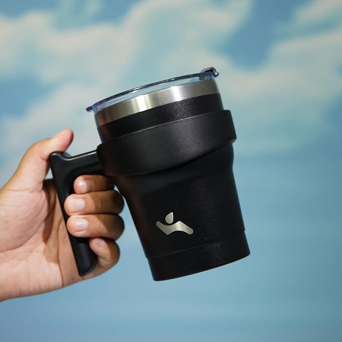 Konokyo 10 oz Tumbler with Handle and Straw, Insulated Travel Mug | Black; BPA-free, leak-proof tumbler with 2 lids, 2 straws, cup holder fit for coffee, office, travel & daily use