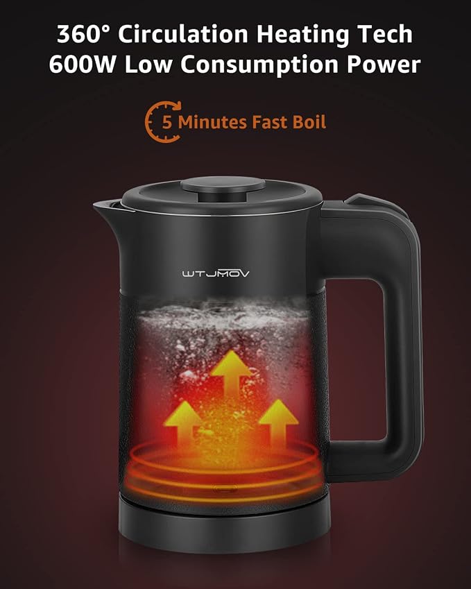 WTJMOV 0.6L Small Electric Tea Kettle Lightweight, 20 Ounce Double Wall Hot Water Boiler Stainless Steel Auto Shut-off, 120V Portable Travel Electric Kettle Fast Boil for Tea and Coffee, Black