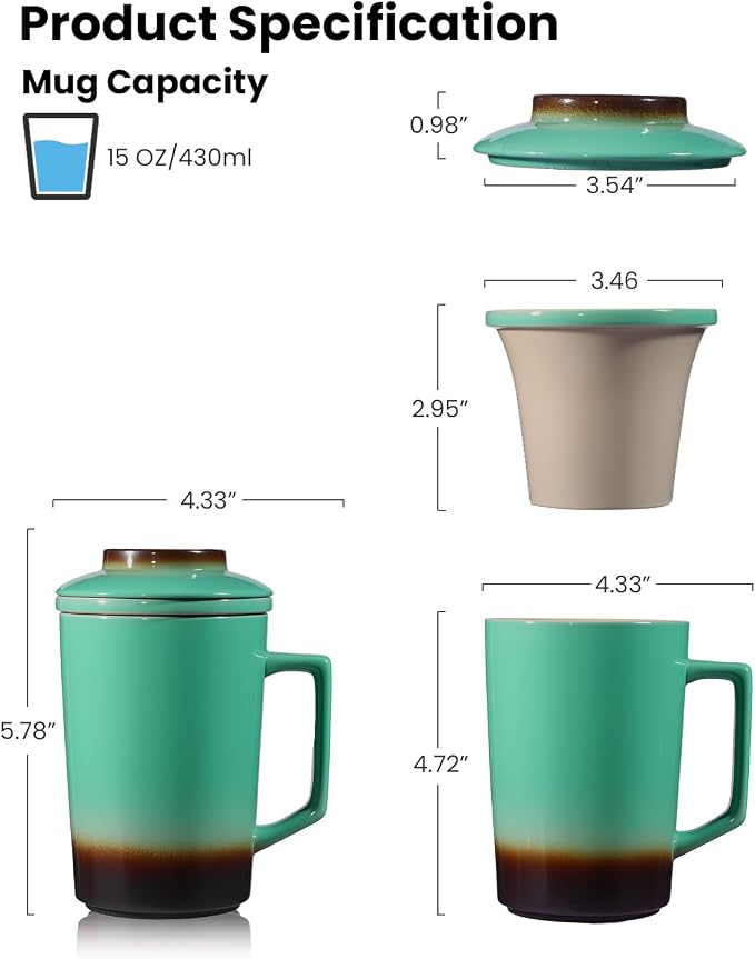 15 oz Ceramic Tea Infuser Cup with Lid - Tea Mug with All Porcelain Strainer for Loose Leaf Teas,Microwave and Dishwasher Safe,Metal-Free,BPA-Free for Tea Lovers/Birthday(Green)