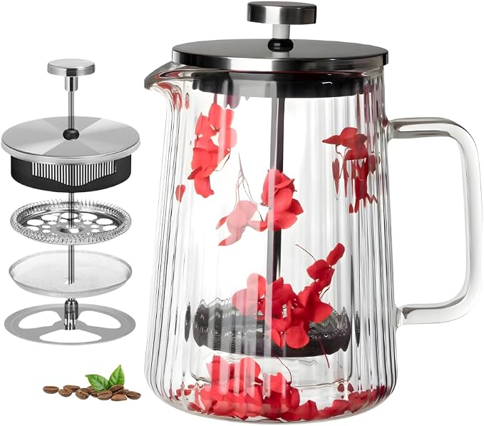 Glass French Press Coffee Maker, Heat Resistant Borosilicate Glass (22oz Red Floral)