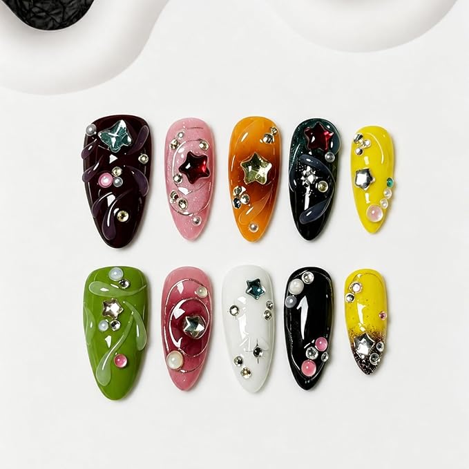 Handmade Press on Nails - Luxury Star & Rhinestone Design Medium Almond Thicked Fake Nails Muti-Layer Gel Handmade Acrylic Nails with 3D Charms Full Cover Stick on Nail for Women 10Pcs（S)