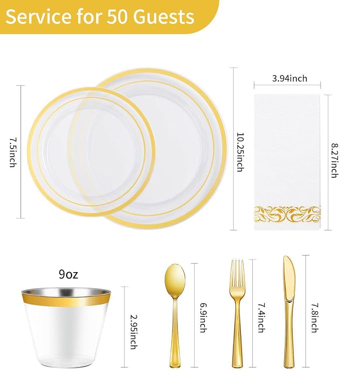 350 Pieces Clear Gold Disposable Dinnerware Set for 50 Guests | Heavy Duty Plastic Plates Include: 100 Gold Rim Dinner Plates, 50 Paper Napkins, 50 Cups, 50 Plastic Silverware Set