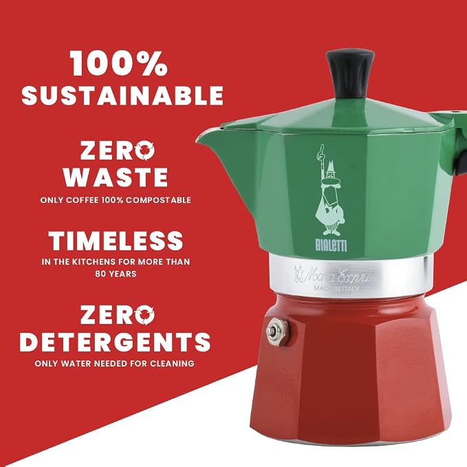 Bialetti - Moka Express Italia Collection: Iconic Stovetop Espresso Maker, Makes Real Italian Coffee, Moka Pot 3 Cups (4.3 Oz - 130 Ml), Aluminium, Colored in Red Green Silver