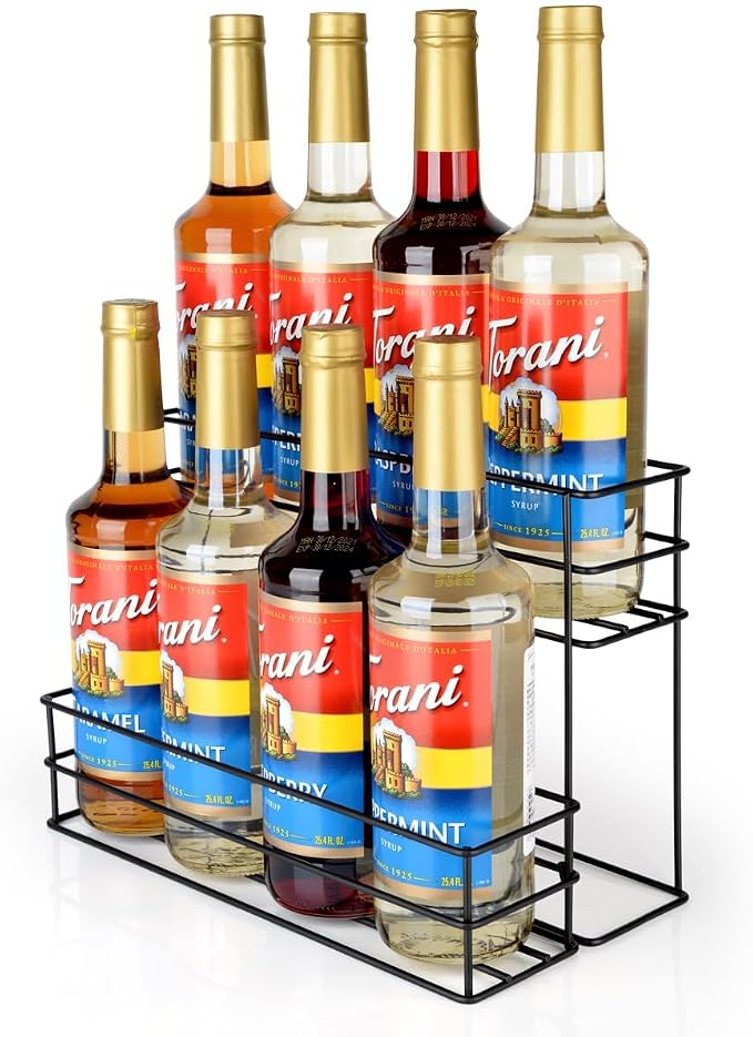 kimilus 8 Bottle Capacity Coffee Syrup Organizer 2 Tier Coffee Syrup Stand Shelf for Coffee Bar Kitchen Small Wine Rack for Bar Family Storage for Syrup Wine Dressing